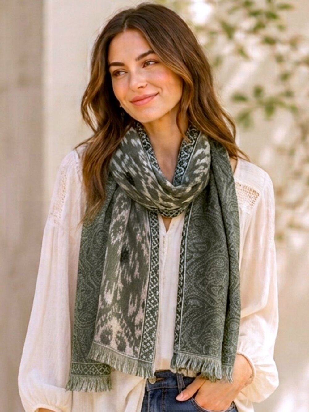 Simply Noelle Olive Green Boho Scarf Shawl Wrap Soft Fringed Oversized 28x76 NWT